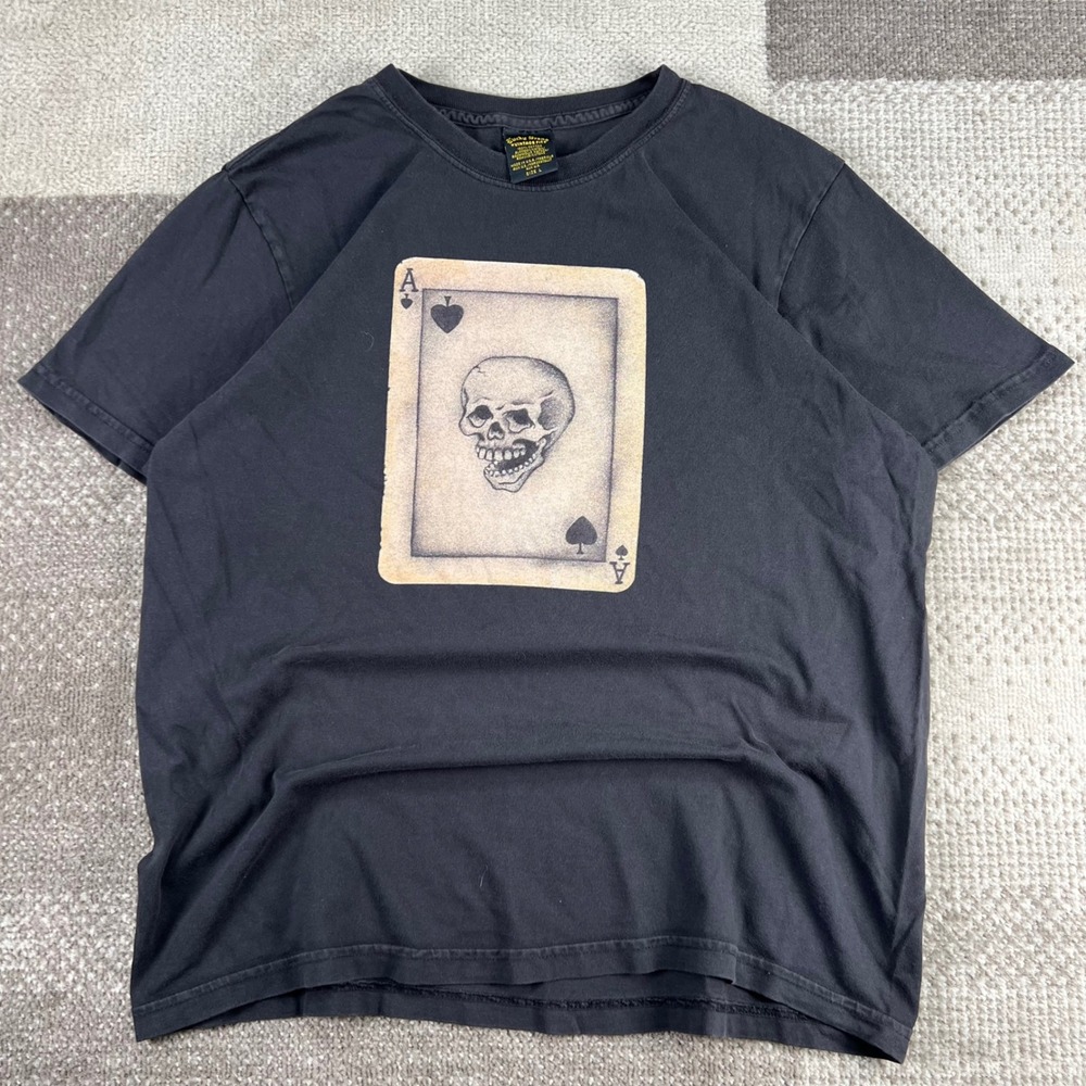 Vintage Lucky Brand Mens Large Black Skull Ace of Spades Graphic T-Shirt USA